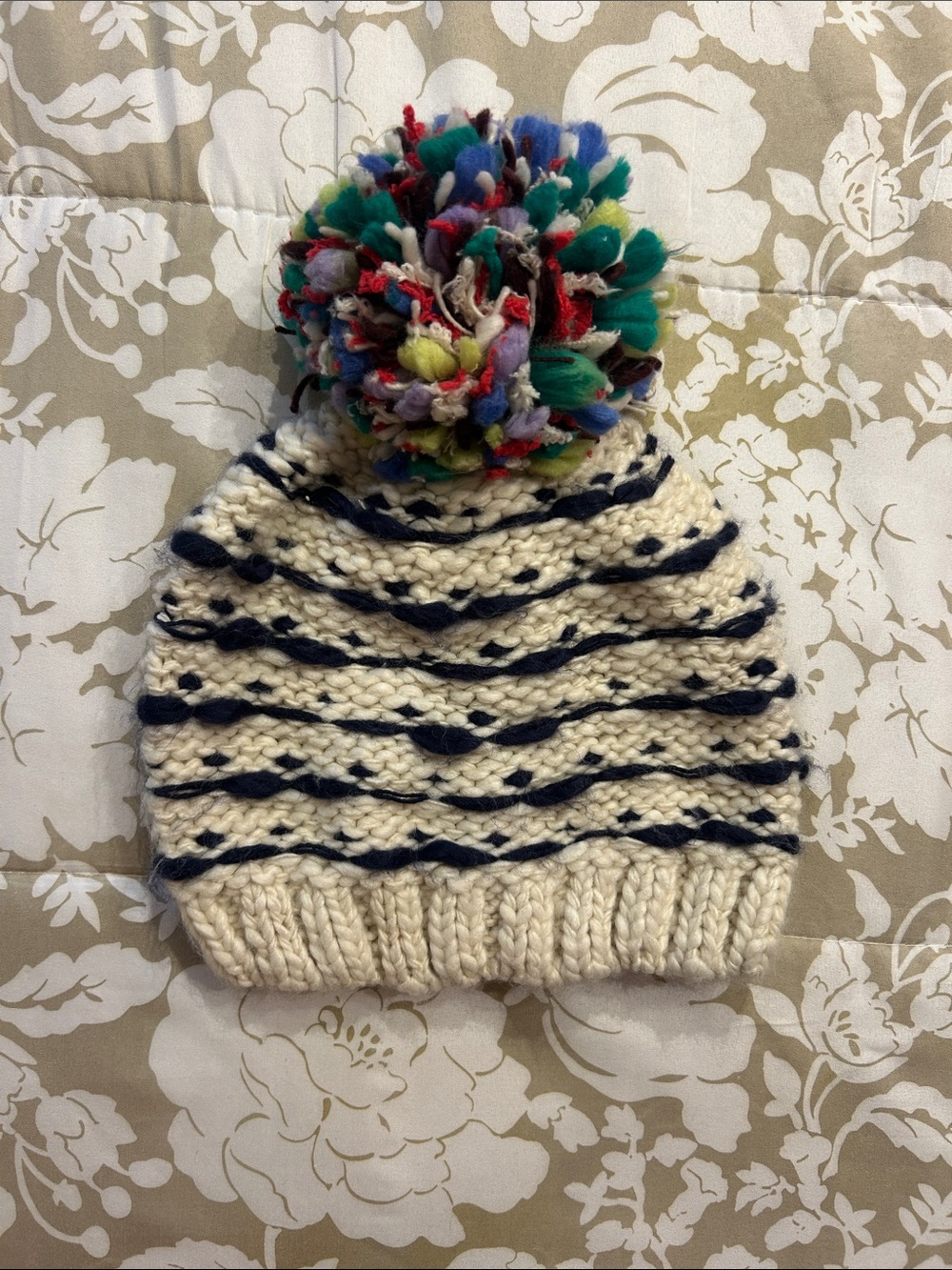 aerie Cream Knit Beanie with Navy Stripes and Multicolor Pom